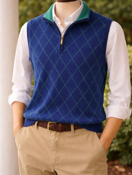 Brooks Brothers Other - Brooks Brothers Argyle Sweater Vest Blue Green 1/4 Zip Preppy Golf Size L